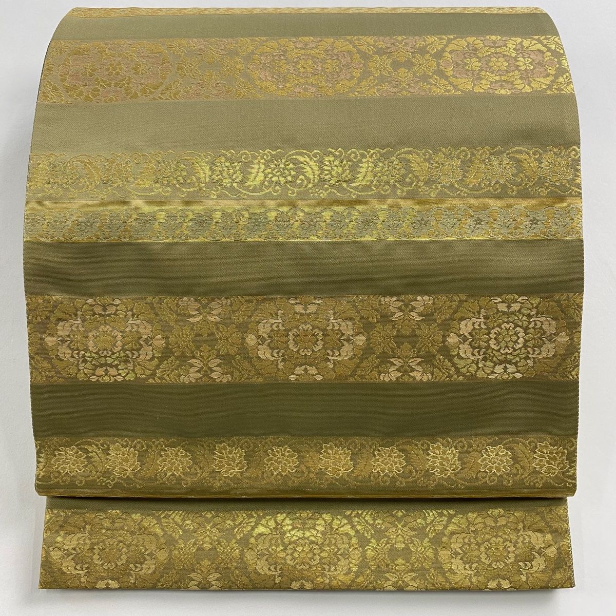 袋帯 箔屋清兵衛 落款 草木染本金箔 段縞 華文 箔 灰緑 お太鼓柄 正絹