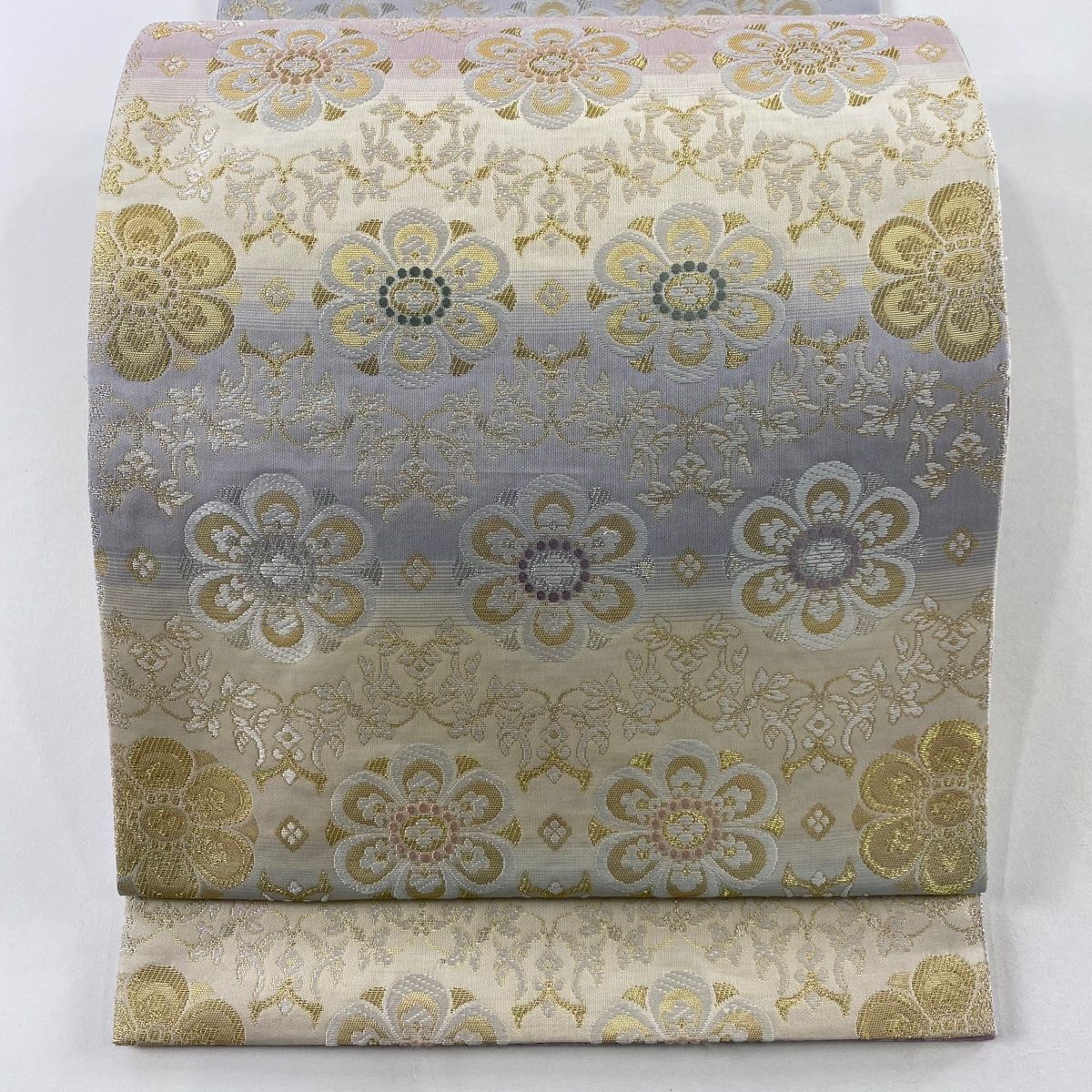 袋帯 花 花鳥 箔 金銀糸 クリーム 六通 正絹