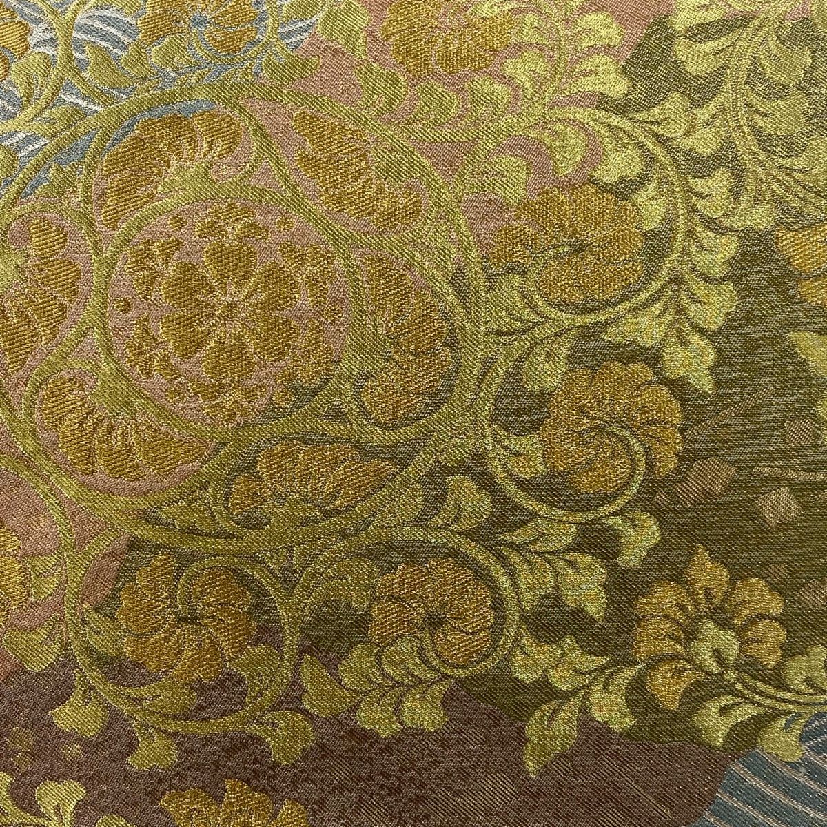 袋帯 川島織物 落款 花唐草 波 金糸 箔 サーモンピンク 六通 正絹