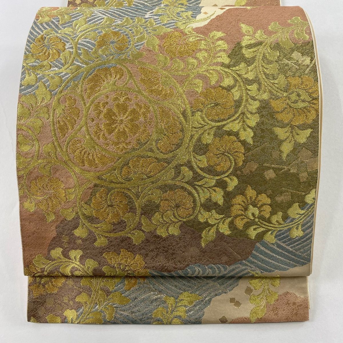 袋帯 川島織物 落款 花唐草 波 金糸 箔 サーモンピンク 六通 正絹