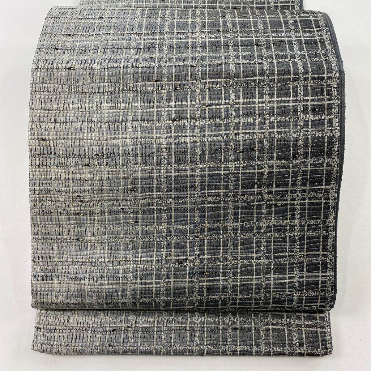 袋帯 格子 金糸 箔 灰色 全通 正絹