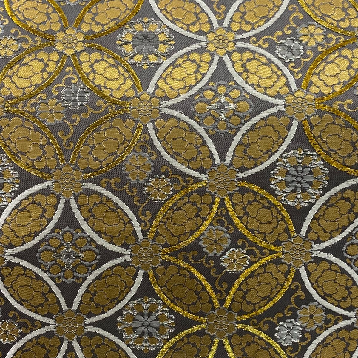 袋帯 七宝 花 箔 金銀糸 灰色 六通 正絹