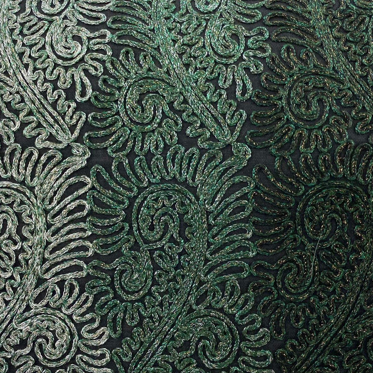 袋帯 落款 無月 葉柄 箔 深緑 全通 正絹