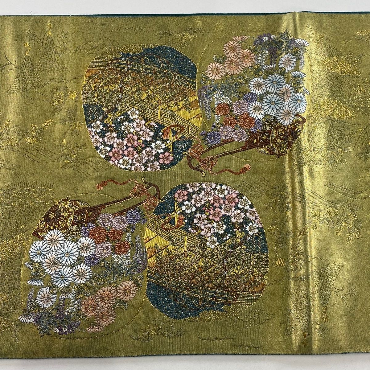 袋帯 名品 長嶋成織物 落款 証紙 本金箔 瀞金錦 花車 橋 金糸 箔 金色