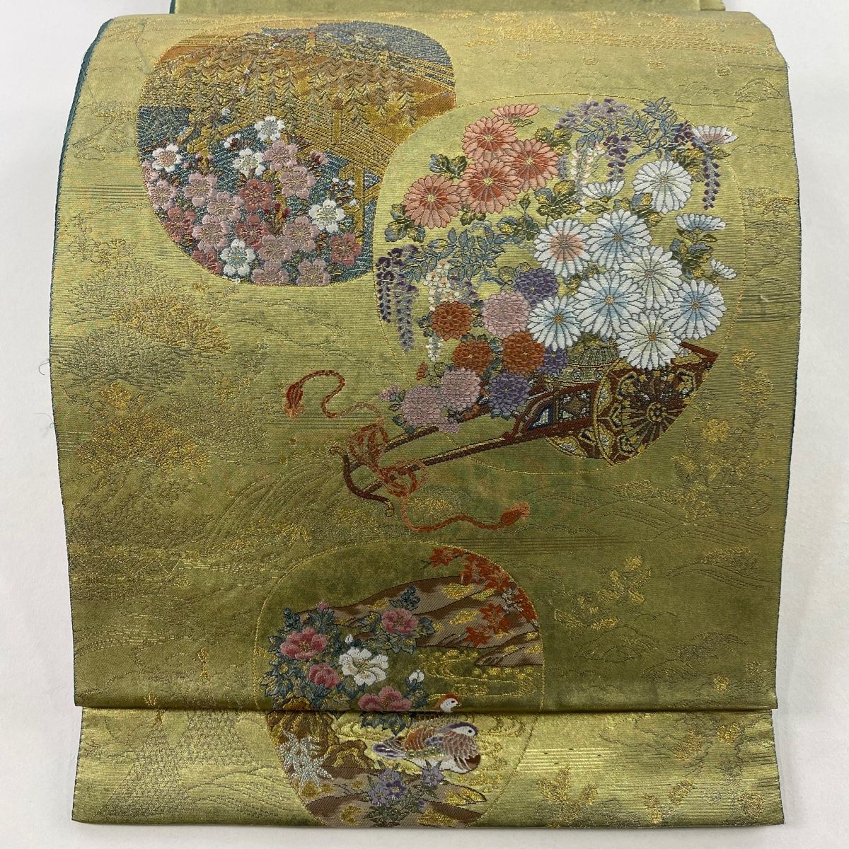 袋帯 名品 長嶋成織物 落款 証紙 本金箔 瀞金錦 花車 橋 金糸 箔 金色