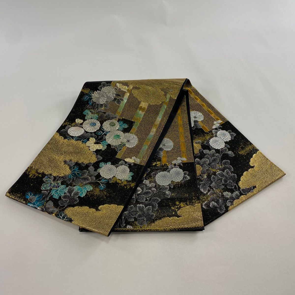  袋帯 御簾 菊 螺鈿 金銀彩 黒 六通 正絹 袋帯 帯