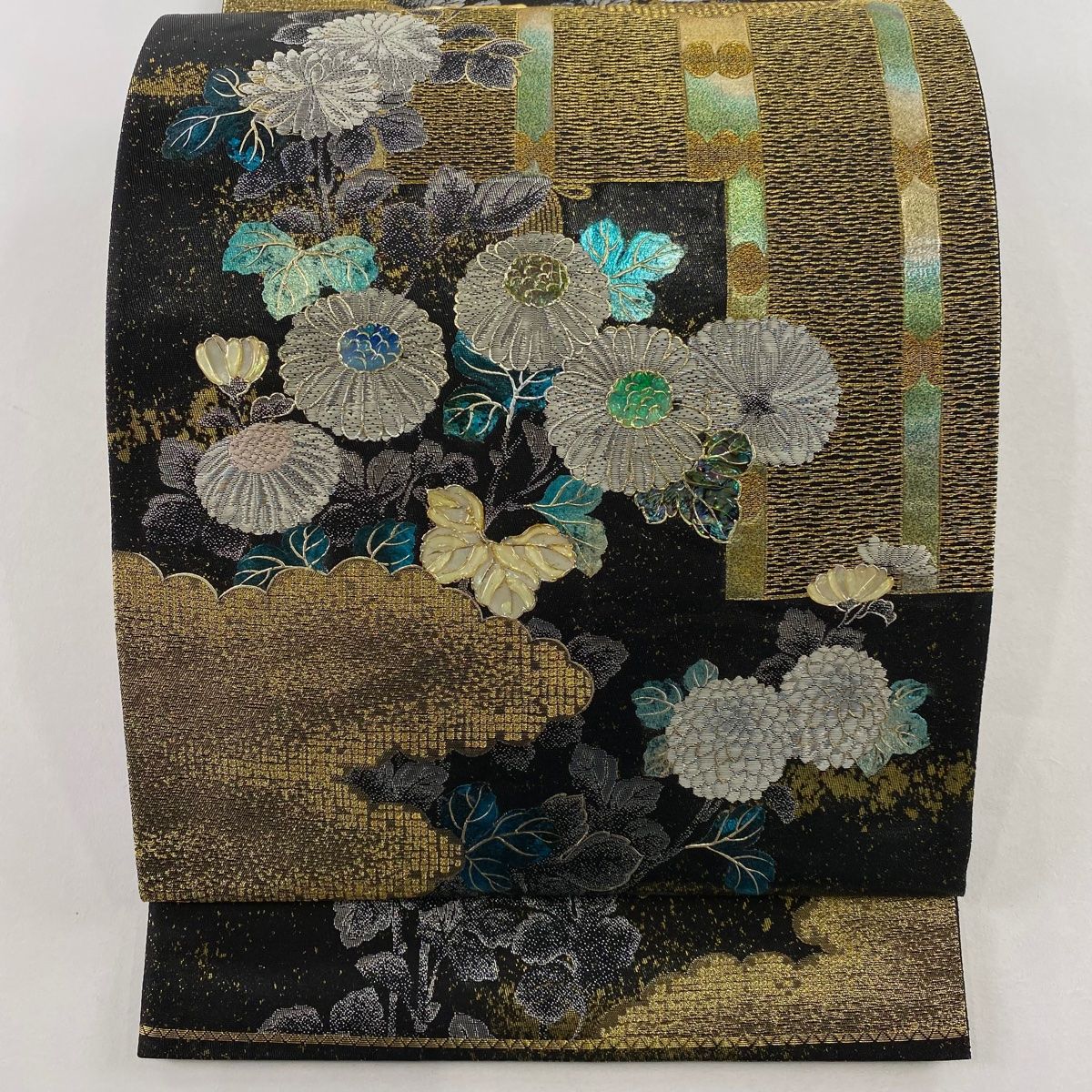 袋帯 御簾 菊 螺鈿 金銀彩 黒 六通 正絹