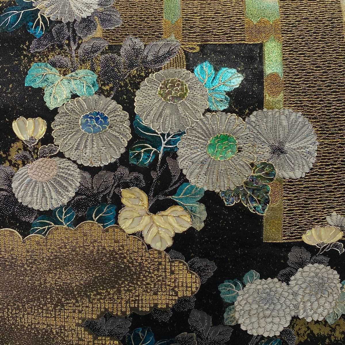 袋帯 御簾 菊 螺鈿 金銀彩 黒 六通 正絹