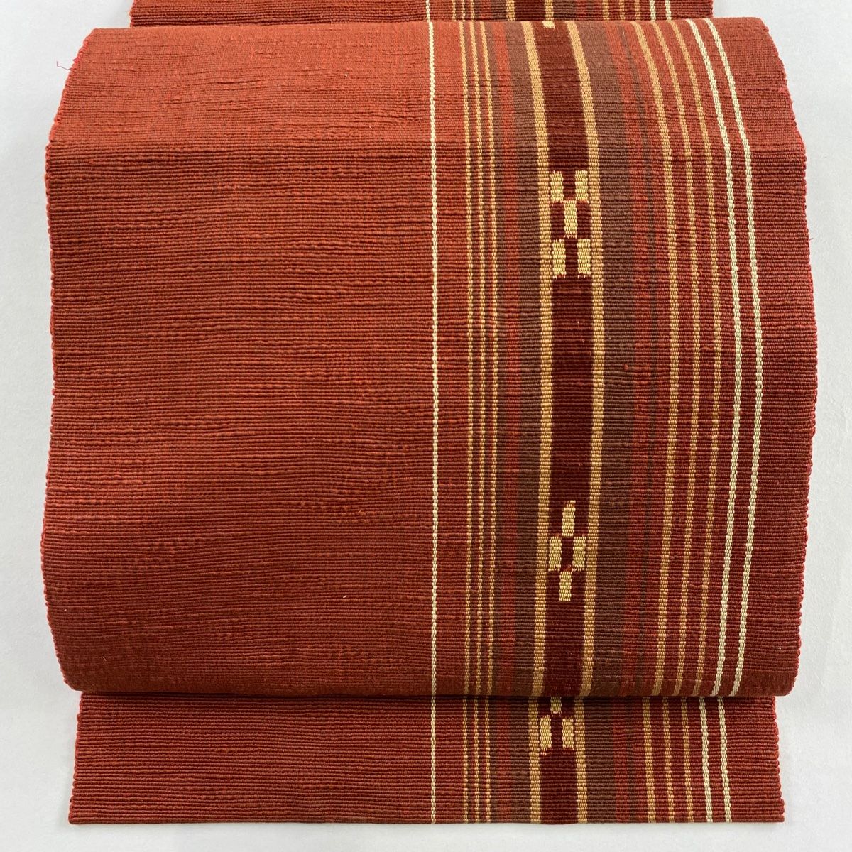 名古屋帯 松葉仕立て 八寸名古屋帯 縞 幾何学 赤茶 正絹