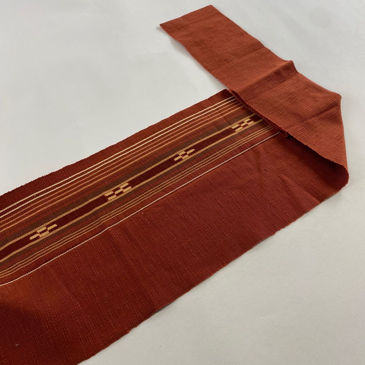  名古屋帯 松葉仕立て 八寸名古屋帯 縞 幾何学 赤茶 正絹 名古屋帯 帯