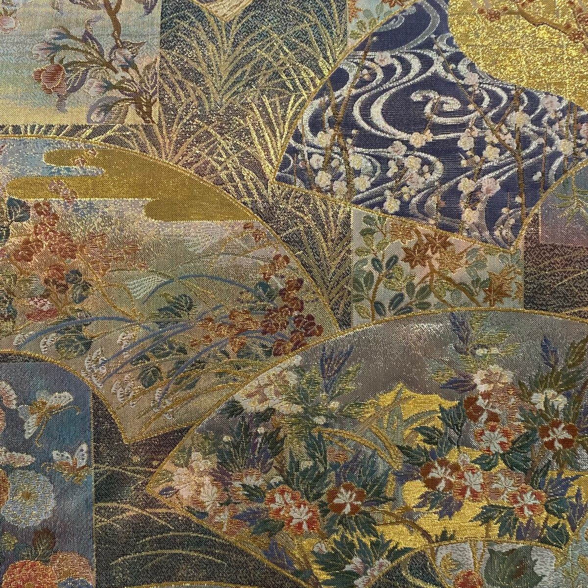 丸帯 伝承国宝図 扇面 金糸 箔 灰紫 全通 正絹