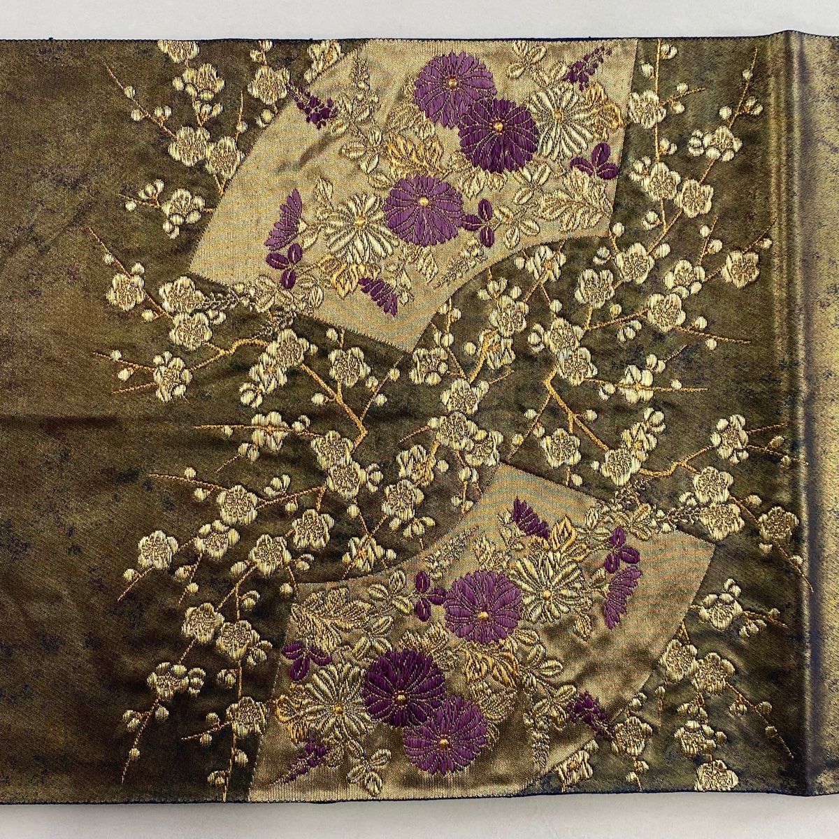  袋帯 帝王紫 落款 清薫賀祥末広文 松竹梅 金糸 箔 紺色 お太鼓柄 正絹 袋帯 帯