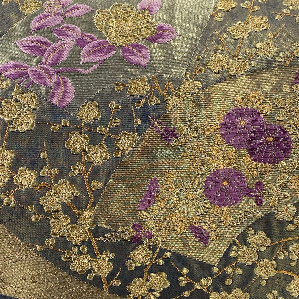 袋帯 帝王紫 落款 清薫賀祥末広文 松竹梅 金糸 箔 紺色 お太鼓柄 正絹