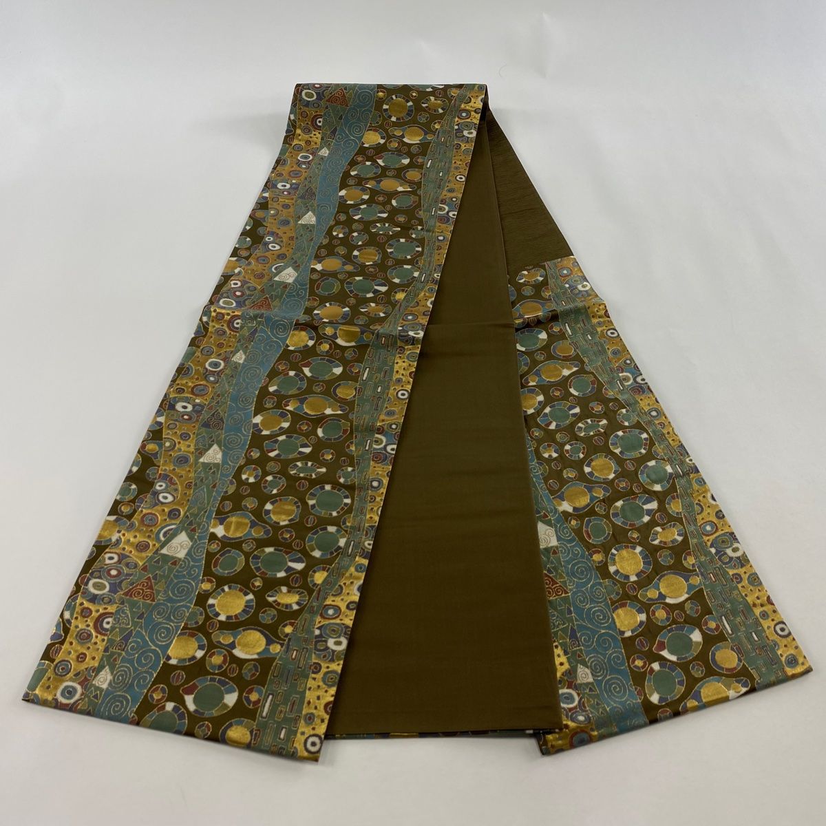  袋帯 幾何学 唐草 箔 茶緑色 六通 正絹 袋帯 帯