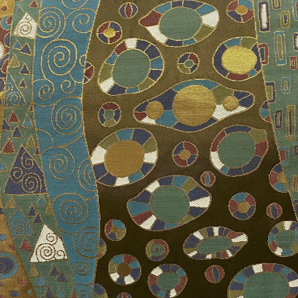 袋帯 幾何学 唐草 箔 茶緑色 六通 正絹