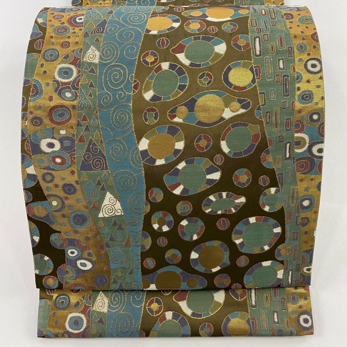 袋帯 幾何学 唐草 箔 茶緑色 六通 正絹