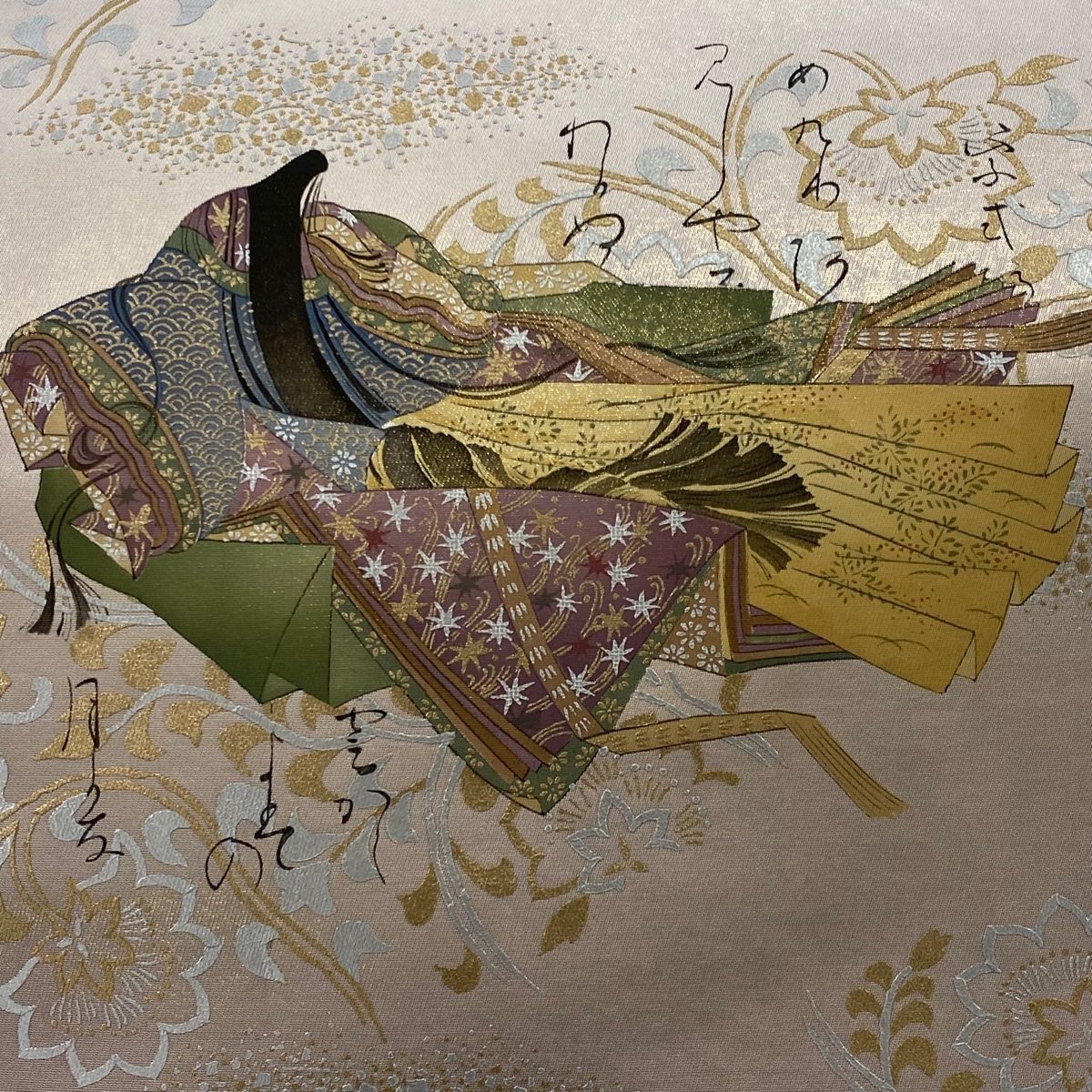 袋帯 樽本伊勢蔵 落款 姫 草花 金銀彩 箔 薄小豆 お太鼓柄 正絹