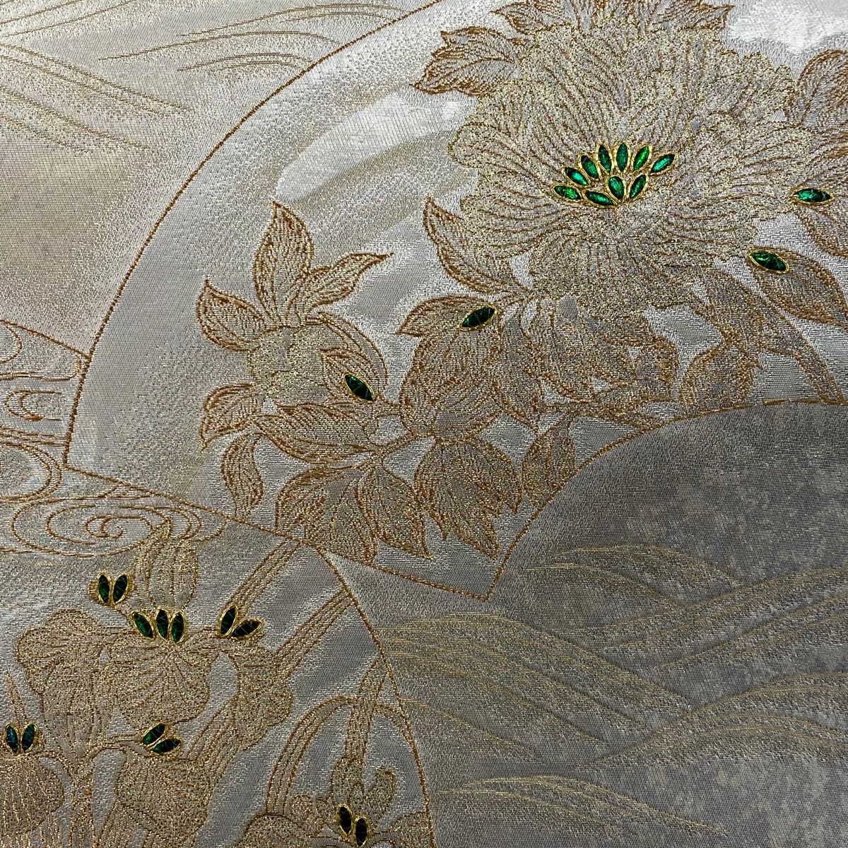 袋帯 扇面 草花 金糸 箔 ベージュ 六通 正絹