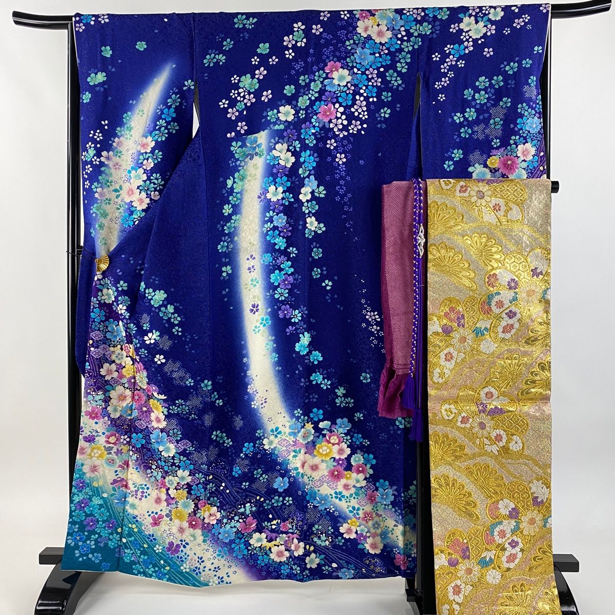 振袖 身丈164 cm 裄丈65 5 M 袷 袋帯フルセット 桜 草花 金糸 銀通し 青 正絹