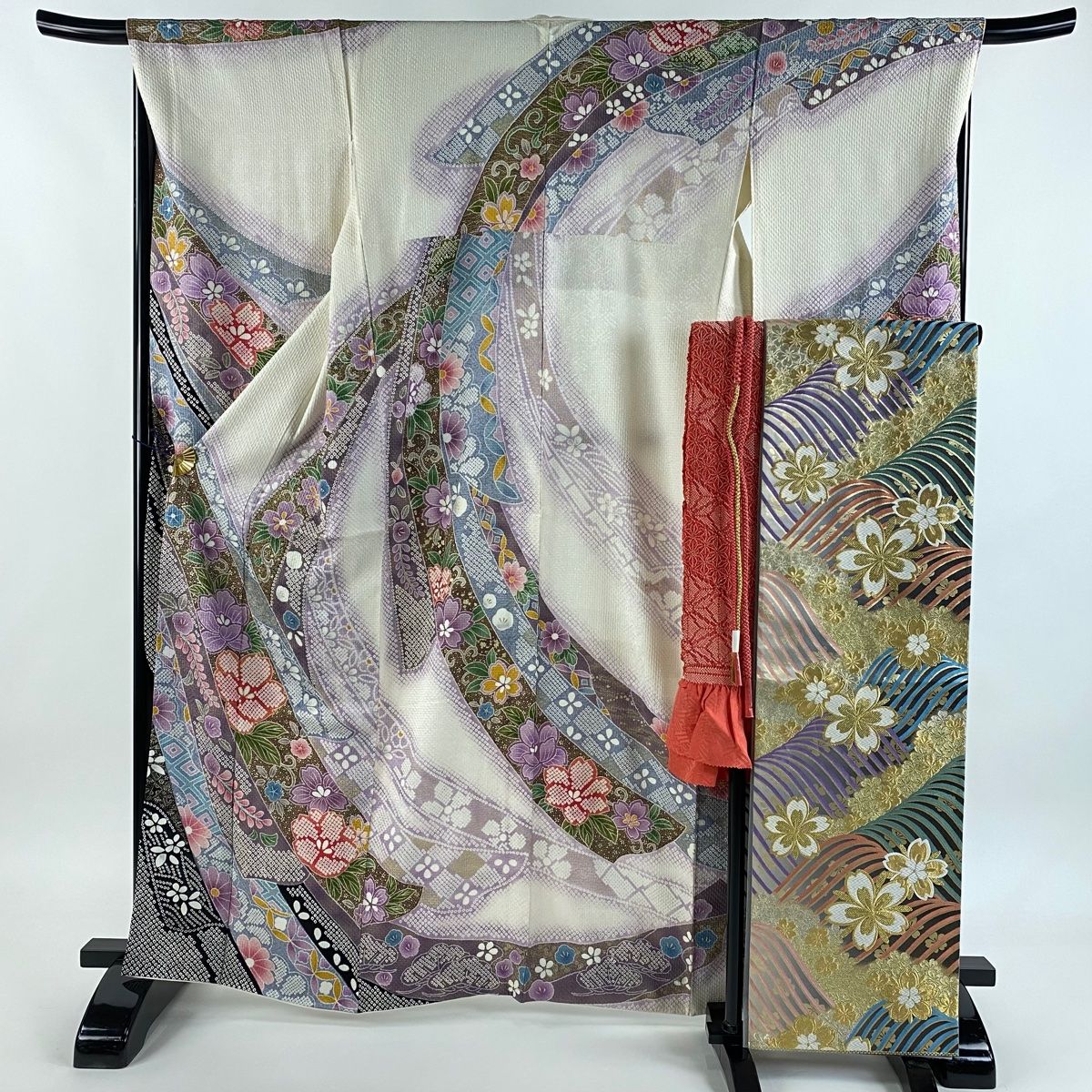 振袖 身丈164 cm 裄丈68.5 L 袷 袋帯フルセット 草花 熨斗 絞り 金彩 薄紫 正絹