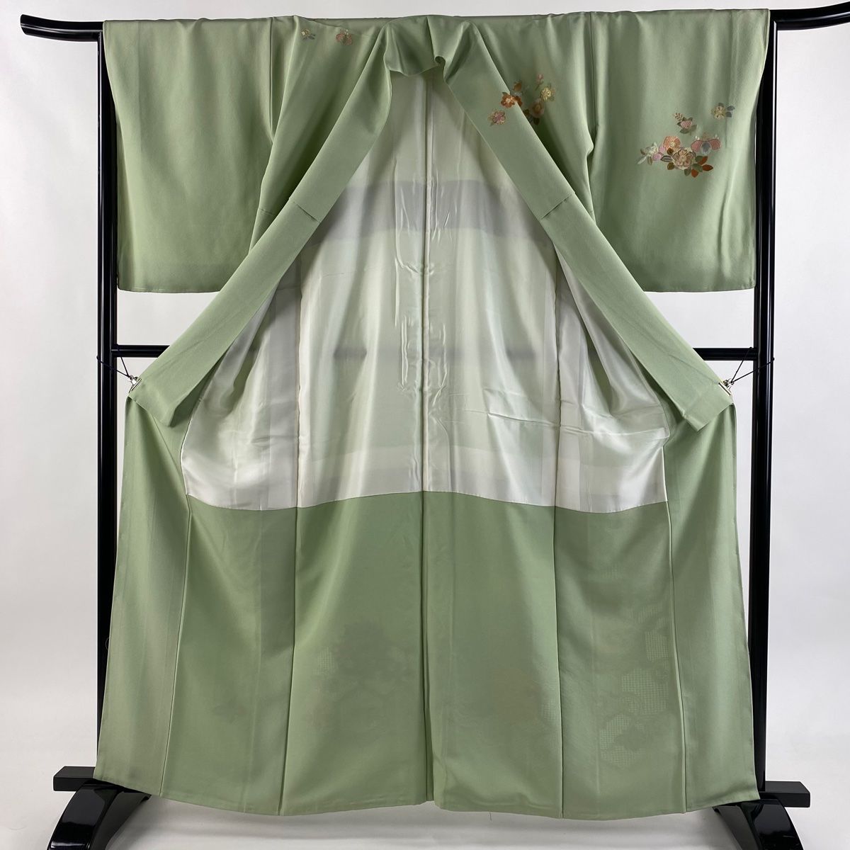  訪問着 身丈162 cm 裄丈65 M 袷 袋帯セット 花丸文 亀甲 刺繍 金糸 薄緑 正絹 秀品 訪問着 付け下げ 着物