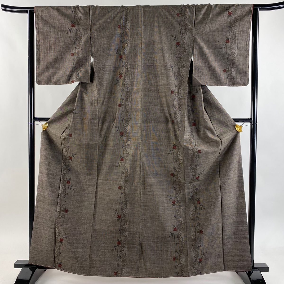  紬 身丈163.5 cm 裄丈63.5 S 袷 名古屋帯セット 草花 シルエット 焦茶色 正絹 秀品 紬 着物