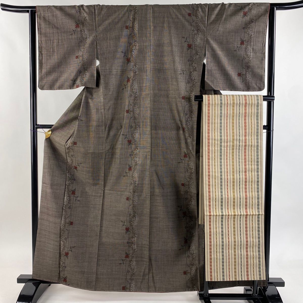 紬 身丈163.5 cm 裄丈63.5 S 袷 名古屋帯セット 草花 シルエット 焦茶色 正絹 秀品