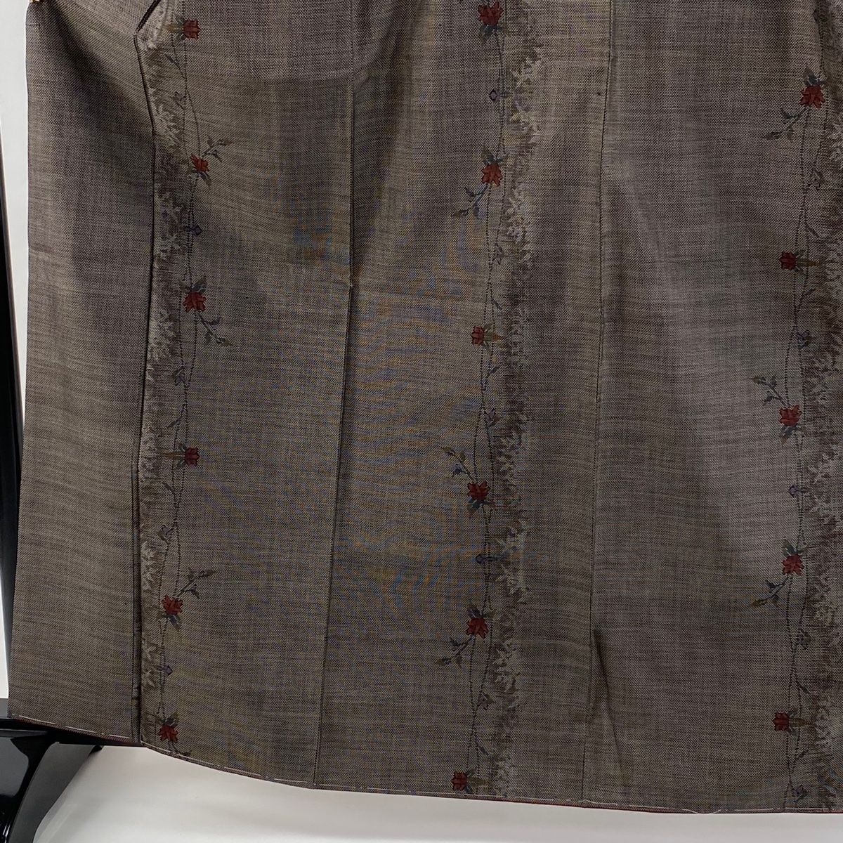 紬 身丈163.5 cm 裄丈63.5 S 袷 名古屋帯セット 草花 シルエット 焦茶色 正絹 秀品