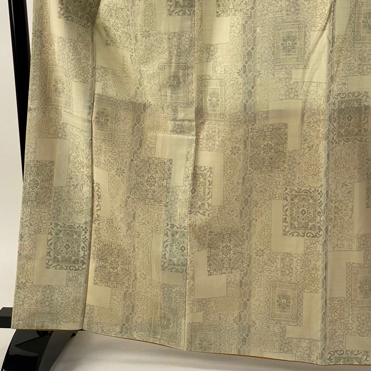 紬 身丈165 cm 裄丈67 M 袷 袋帯セット 証紙 華文 草花 ベージュ 正絹 秀品