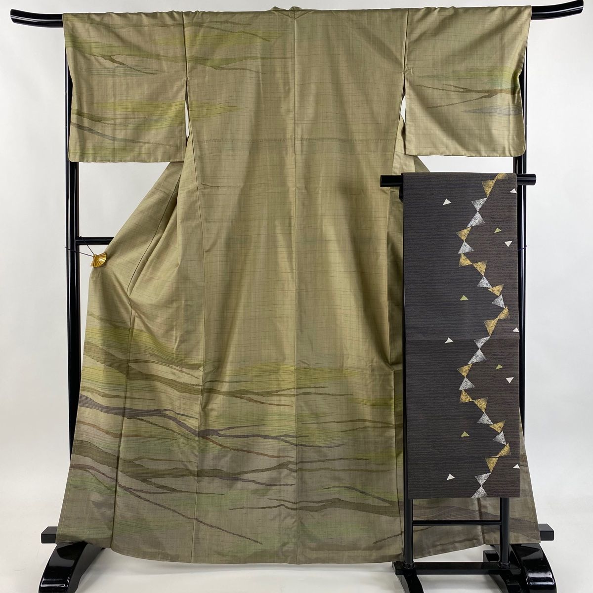 付下げ 身丈166 cm 裄丈67.5 L 袷 紬地 名古屋帯セット 霞 よもぎ色 正絹 秀品