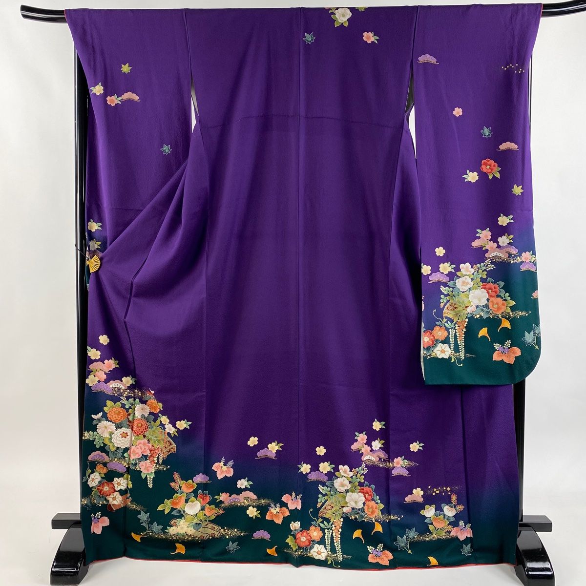  振袖 身丈171 5 cm 裄丈69 L 袷 袋帯フルセット 和楽器 草花 金彩 染め分け 紫 正絹 秀品 振袖 着物