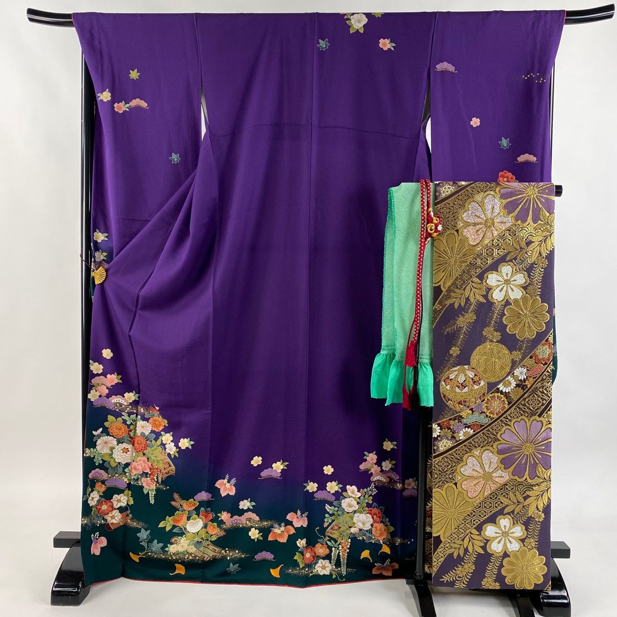 振袖 身丈171.5 cm 裄丈69 L 袷 袋帯フルセット 和楽器 草花 金彩 染め分け 紫 正絹 秀品
