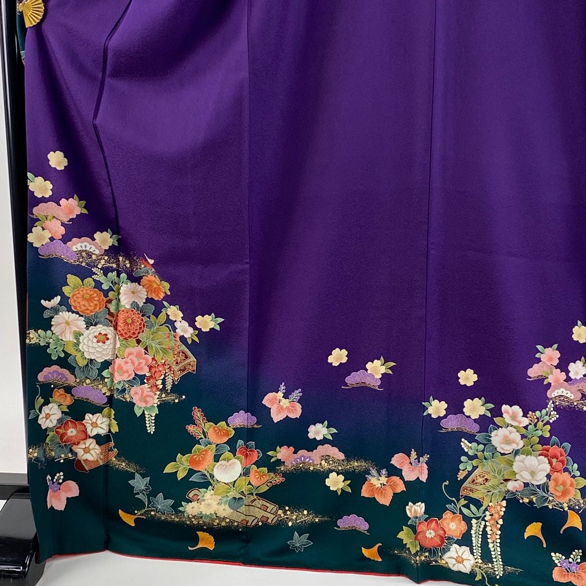 振袖 身丈171 5 cm 裄丈69 L 袷 袋帯フルセット 和楽器 草花 金彩 染め分け 紫 正絹 秀品