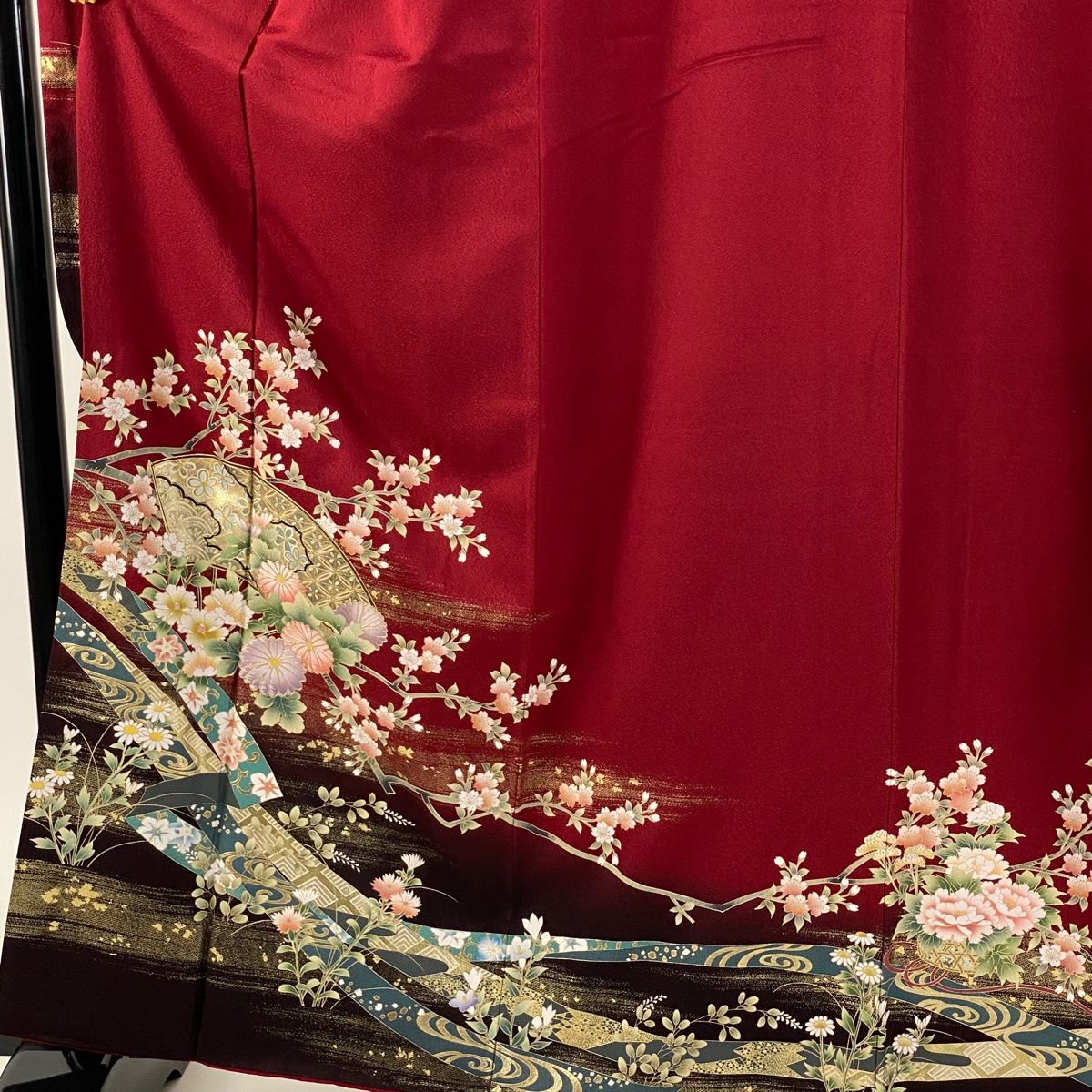 振袖 身丈162.5 cm 裄丈65 M 袷 袋帯フルセット やまと 扇面 桜 金銀彩 染め分け えんじ色 正絹 秀品