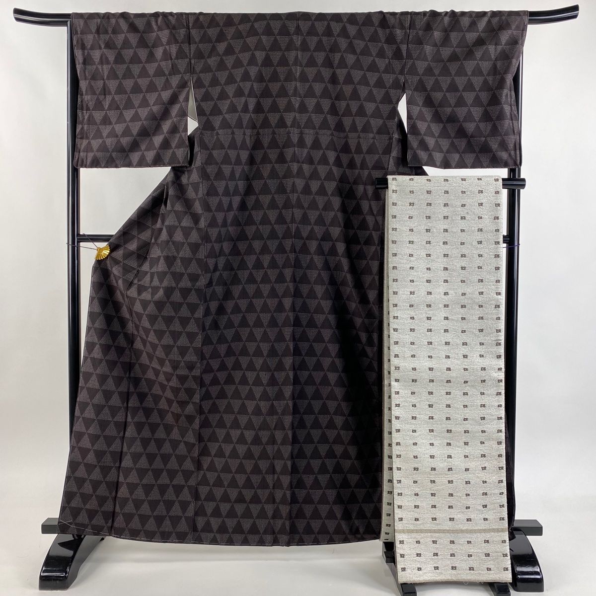 紬 身丈163 cm 裄丈67 5 L 袷 袋帯セット 証紙 鱗 亀甲絣 茶紫 正絹