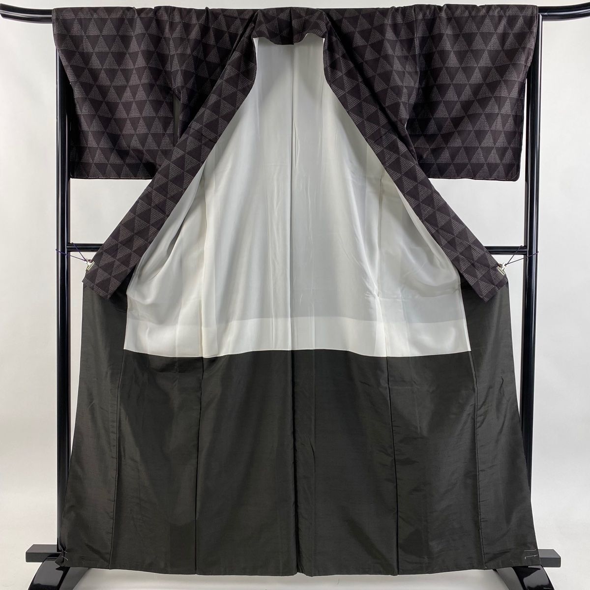  紬 身丈163 cm 裄丈67 5 L 袷 袋帯セット 証紙 鱗 亀甲絣 茶紫 正絹 紬 着物