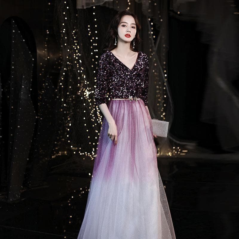 パープル L グラデーション スパンコール イブニングドレス Aライン 大きめ 体型カバー ゆったり