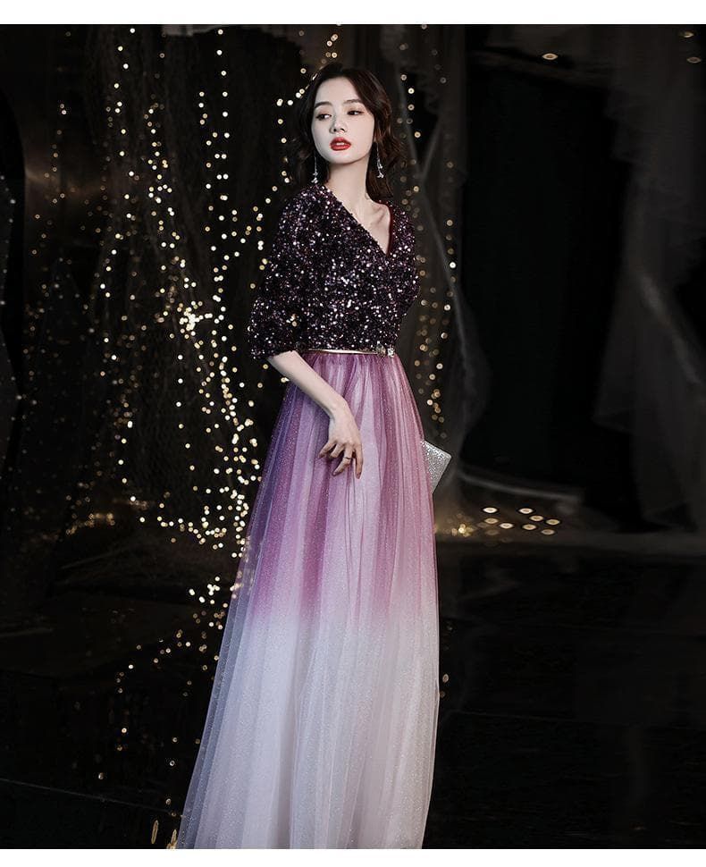 パープル L グラデーション スパンコール イブニングドレス Aライン 大きめ 体型カバー ゆったり