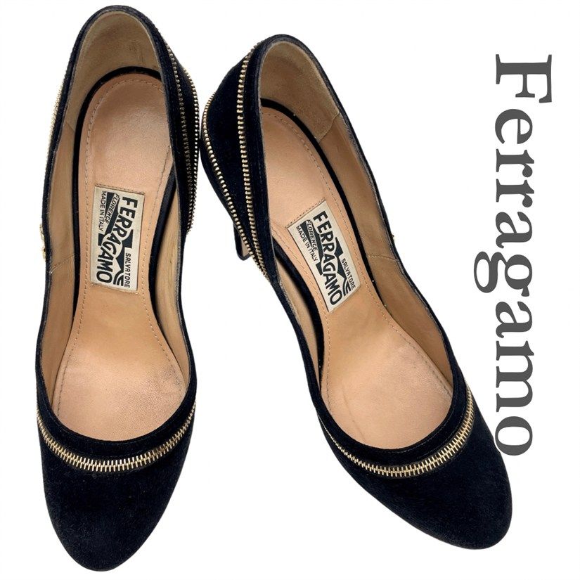 Ferragamo ブラック ハイヒール 6 □希少□ Ferragamo ハイヒール スエード ファスナー ブラック 1700A