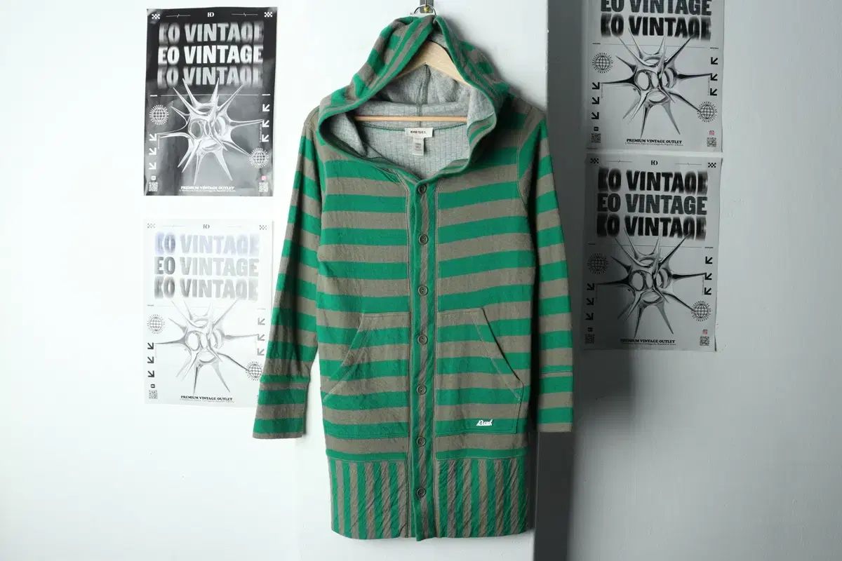 W S-M ディーゼル ニット カーディガン ストライプ グリーン モデル -15C62