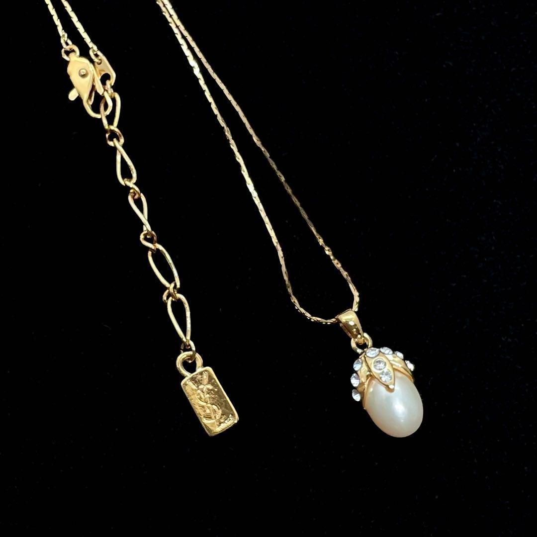 YSL ロゴ ネックレス 金メッキ ストーン付き Yves Saint Laurent イヴ