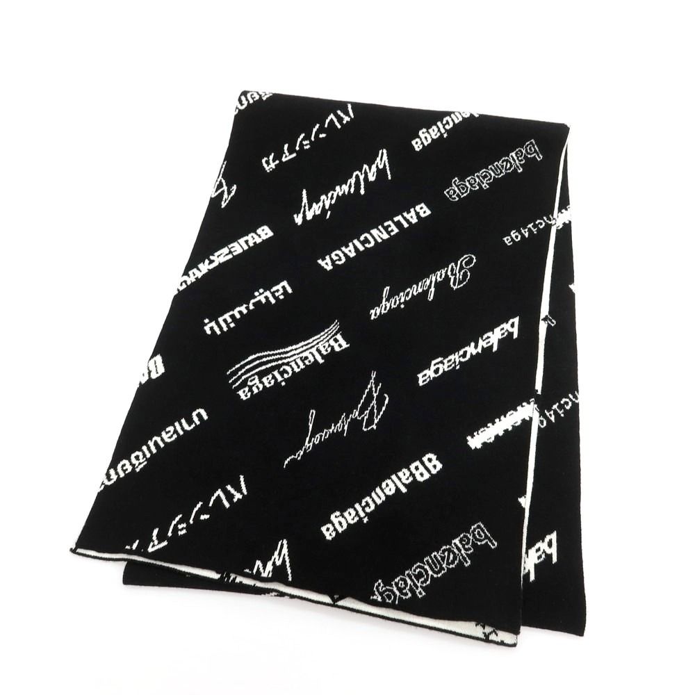 バレンシアガ BALENCIAGA ウールポリエステル ロゴ マフラー ブラック メンズ