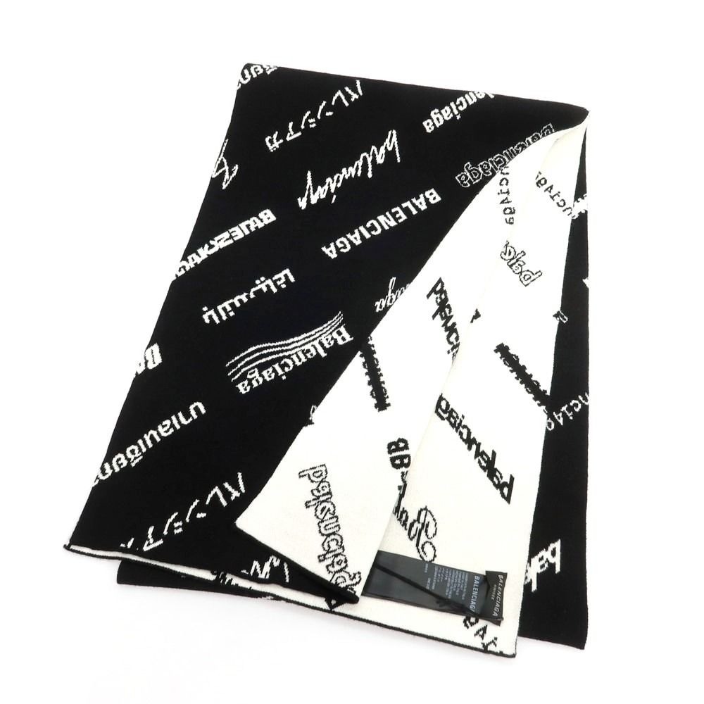 バレンシアガ BALENCIAGA ウールポリエステル ロゴ マフラー ブラック メンズ