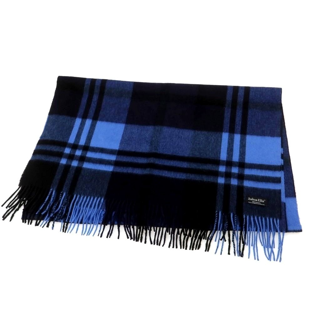 ジョシュアエリス Joshua Ellis カシミヤ チェック 大判 マフラー ブルーxブラック メンズ
