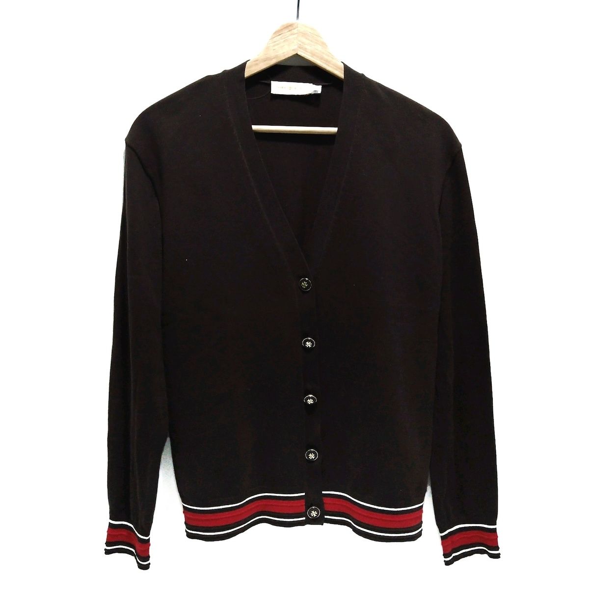 TORY BURCH トリーバーチ カーディガン サイズS P S レディース ダークブラウン×レッド×白 ボーダー