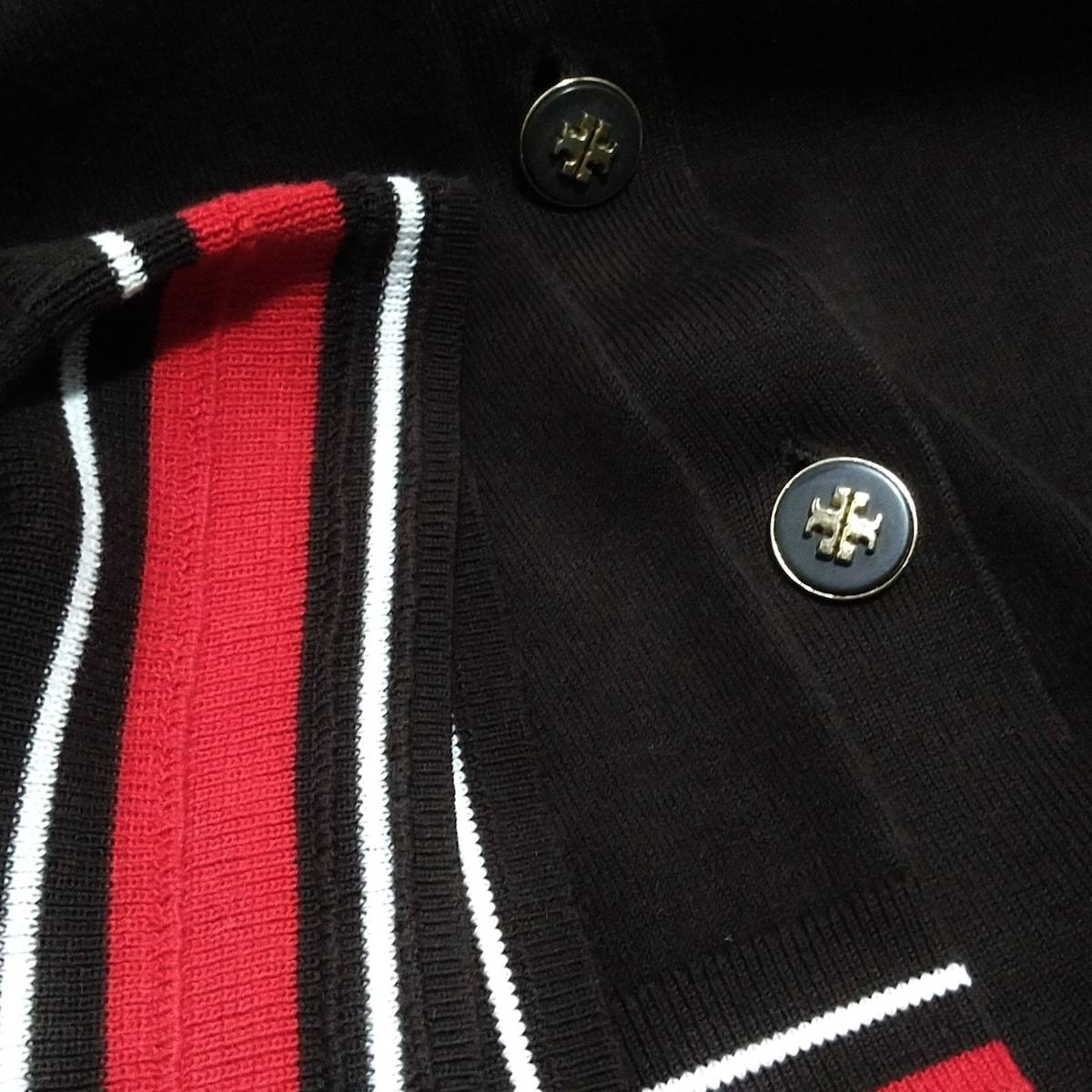  TORY BURCH トリーバーチ カーディガン サイズS P S レディース ダークブラウン×レッド×白 ボーダー 長袖 カーディガン ボレロ アンサンブル