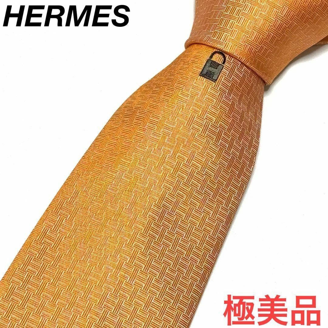 HERMES Hロゴ ワンポイント オレンジ ネクタイ 068211