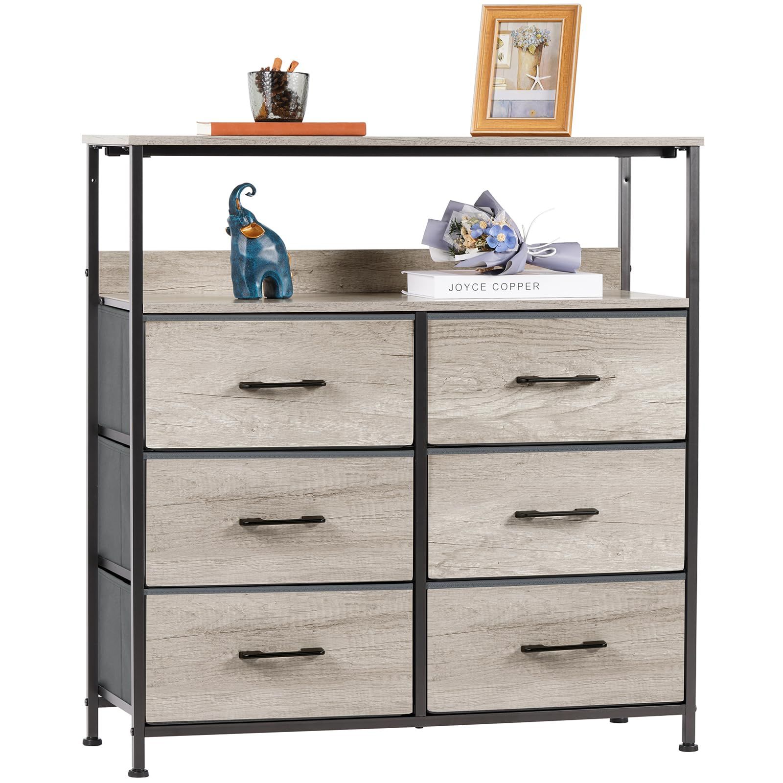 数量 棚付き収納チェスト グレージュ タンス キャビネット 布製引き出し 衣類収納 リビング収納 低ホルム 北欧風 3段6杯 幅80 奥行30 高さ84 cm