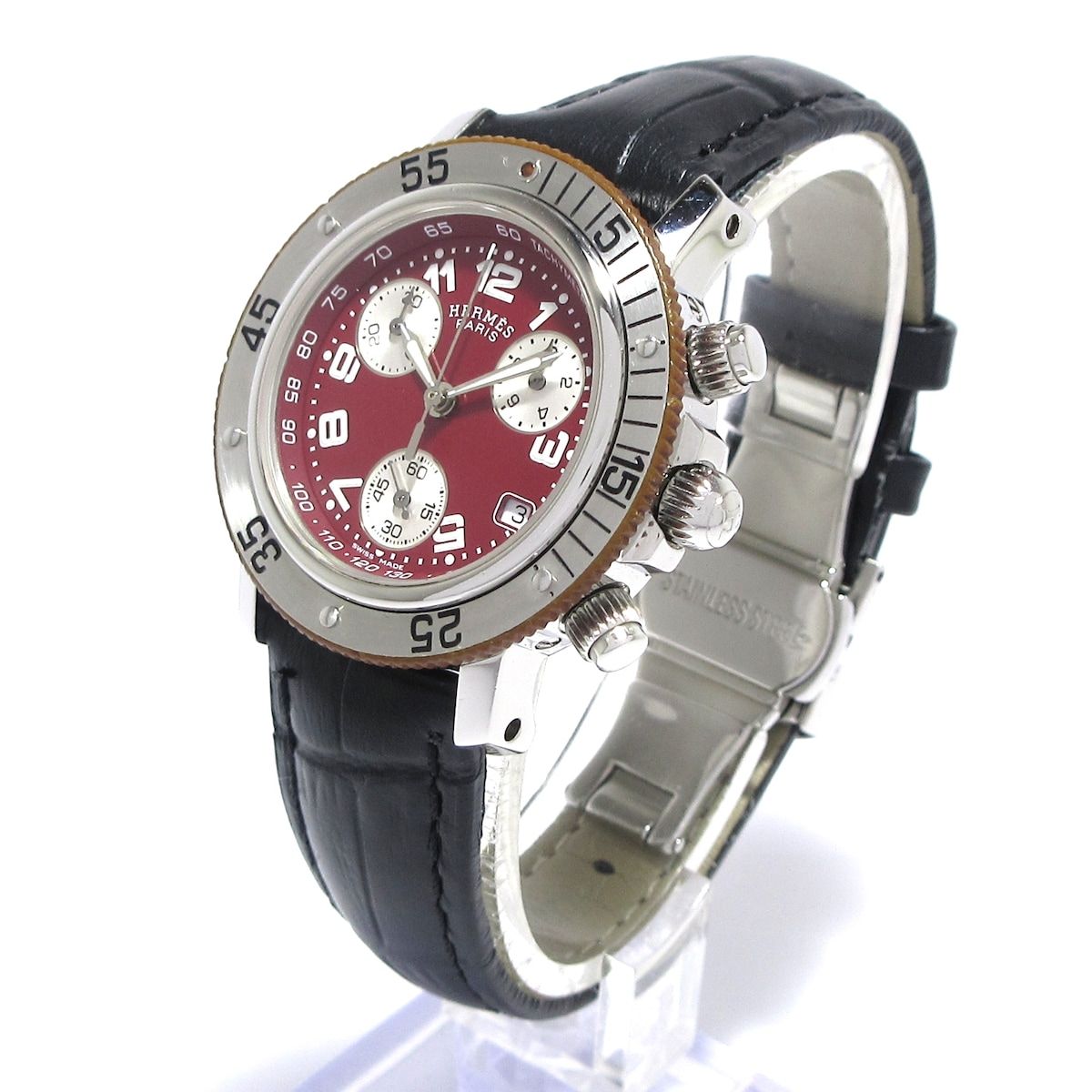 HERMES エルメス 腕時計 クリッパーダイバークロノ CL 2.318 ボーイズ SS 社外ベルト クロノグラフ レッド