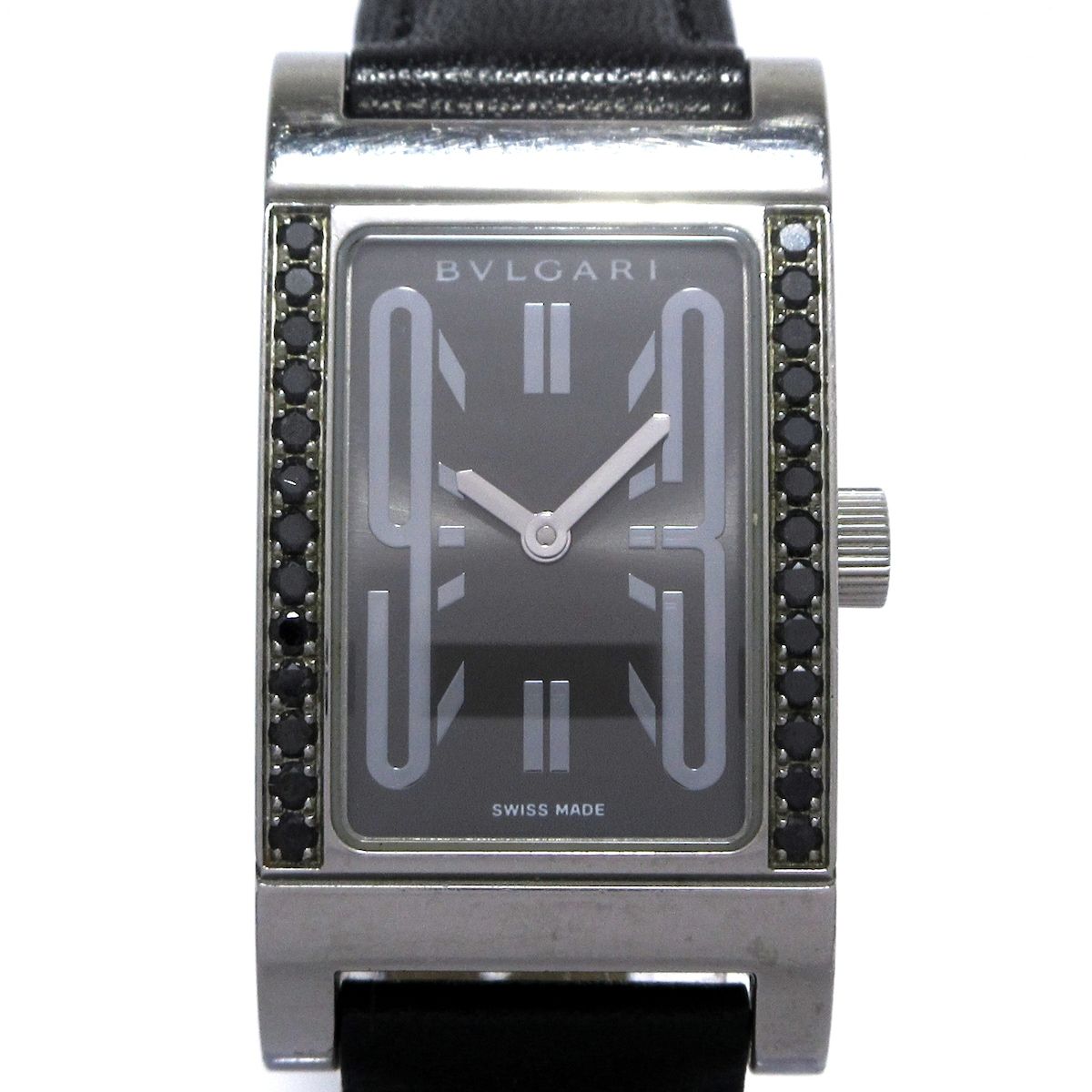 BVLGARI ブルガリ 腕時計 レッタンゴロ RT39S レディース ブラックダイヤベゼル 社外革ベルト グレー